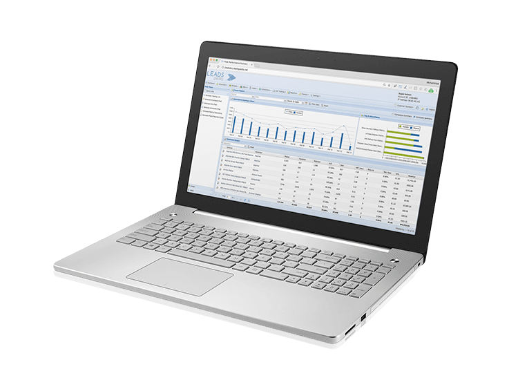 Laptop displaying a marketing dashboard with charts, tables and metrics.