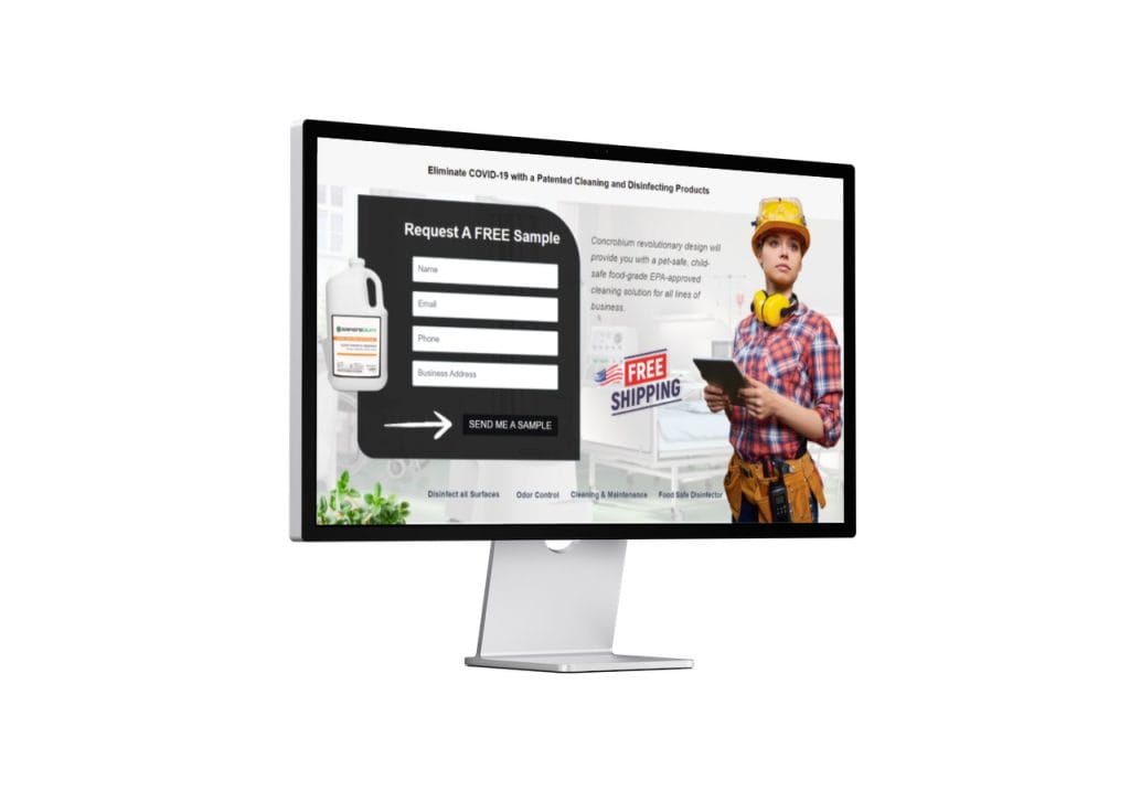 Concrobium contractor landing page with a free sample request form on a desktop monitor