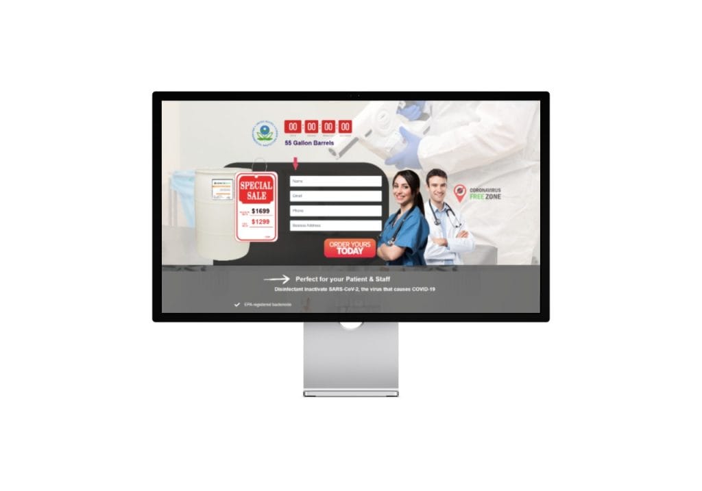Concrobium healthcare landing page with an order form on a desktop monitor