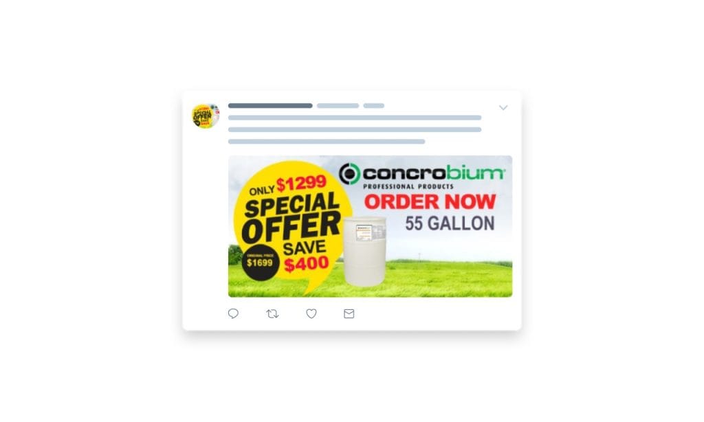 Concrobium social media ad with a special offer on 55 gallon barrels