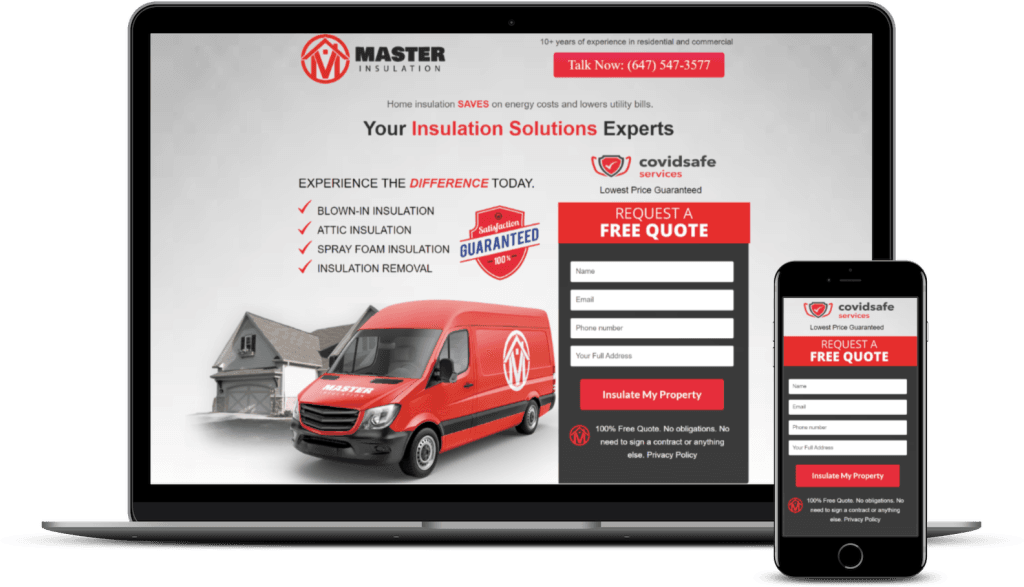 Master Insulation landing page shown on a laptop and phone