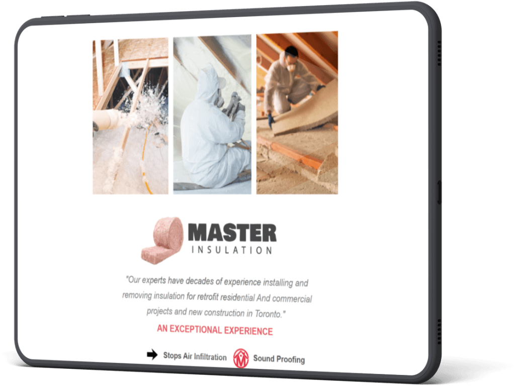 Master Insulation landing page services section on a tablet