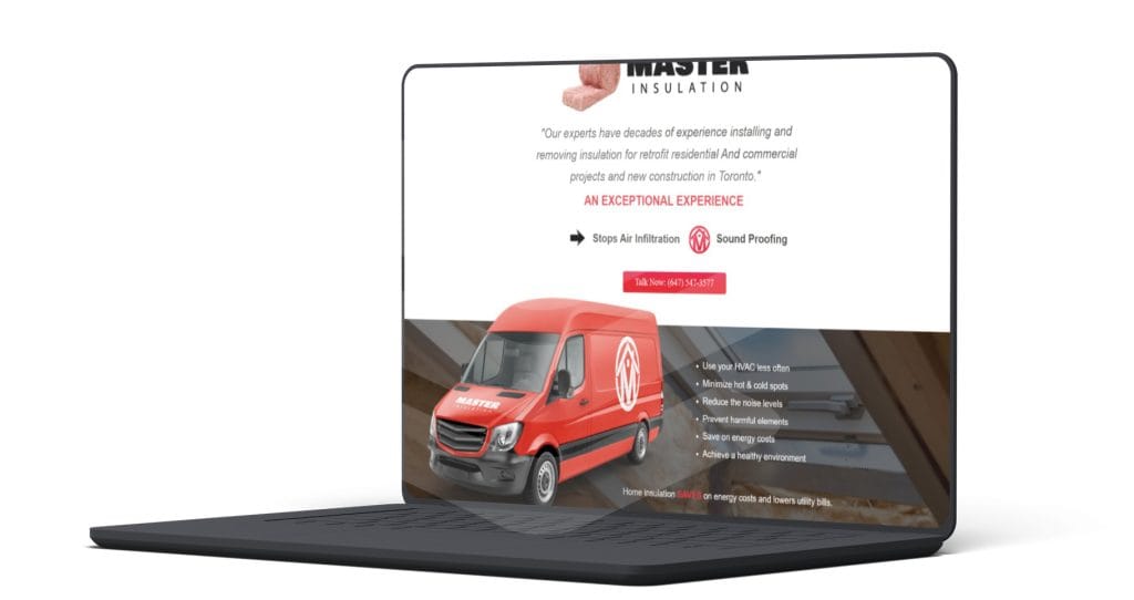 Master Insulation landing page with the branded van on a laptop