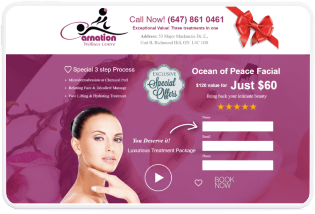 Carnation Wellness Centre Ocean of Peace facial offer landing page on a tablet