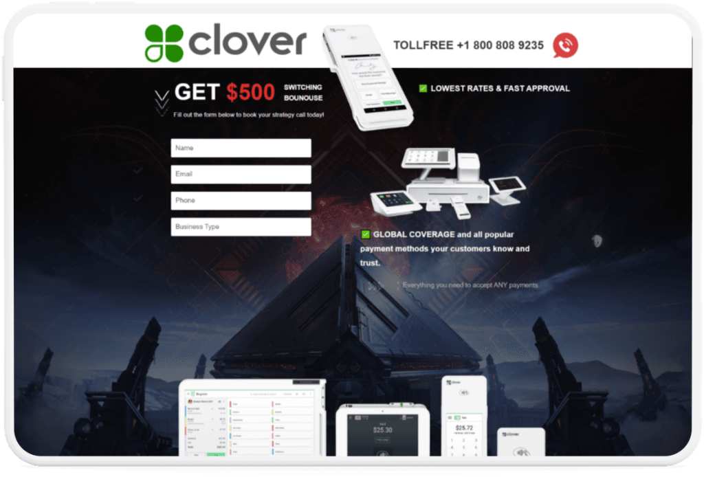 Clover POS landing page with a quote form on a desktop monitor
