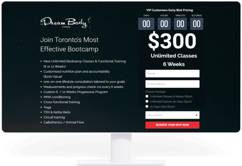 Dream Body bootcamp landing page with an early bird offer on a desktop monitor