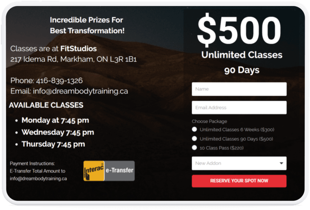 FitStudios bootcamp class offer and registration form on a tablet