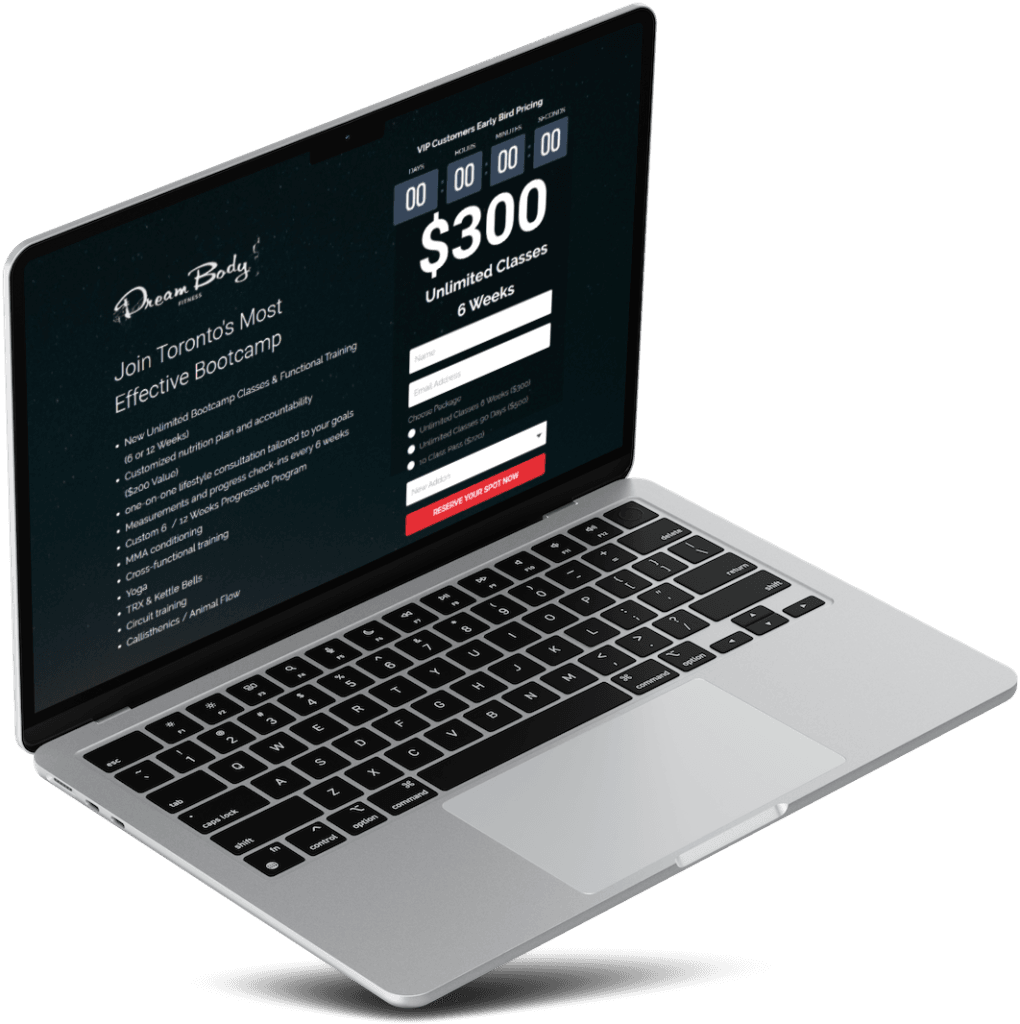 Dream Body bootcamp landing page on a laptop