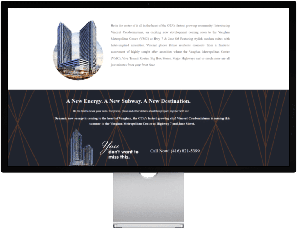 Vincent Condominiums landing page location section on a desktop monitor