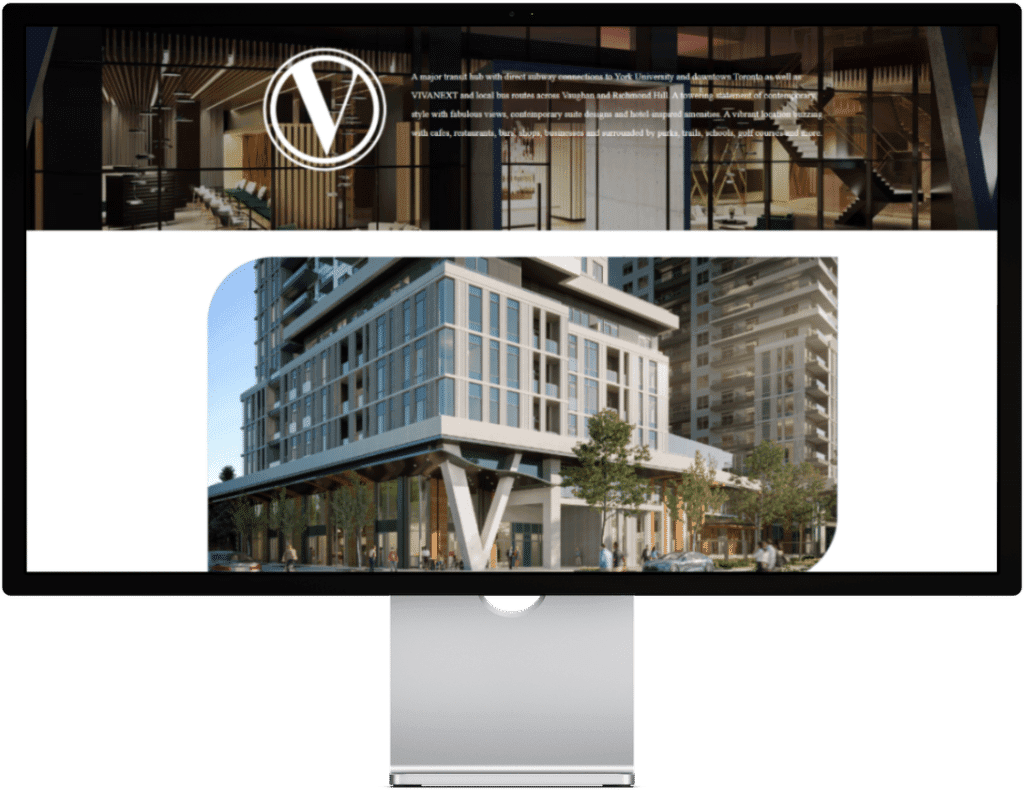 Vincent Condominiums landing page building section on a desktop monitor