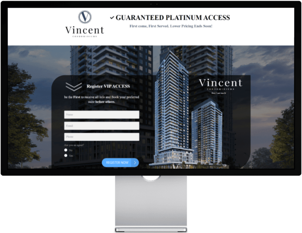 Vincent Condominiums platinum access registration page on a desktop monitor