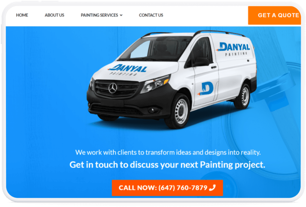 Danyal Painting website hero with the branded van on a tablet