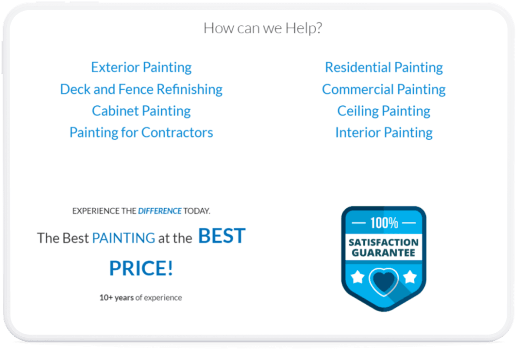 Danyal Painting landing page services section on a tablet