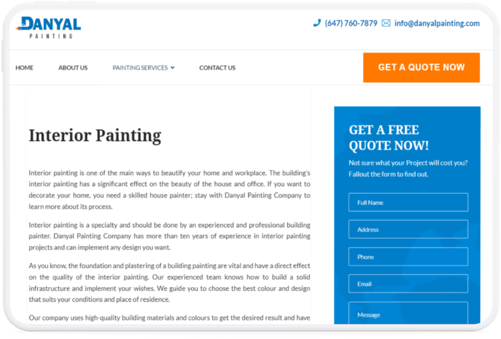Danyal Painting interior painting service page on a tablet