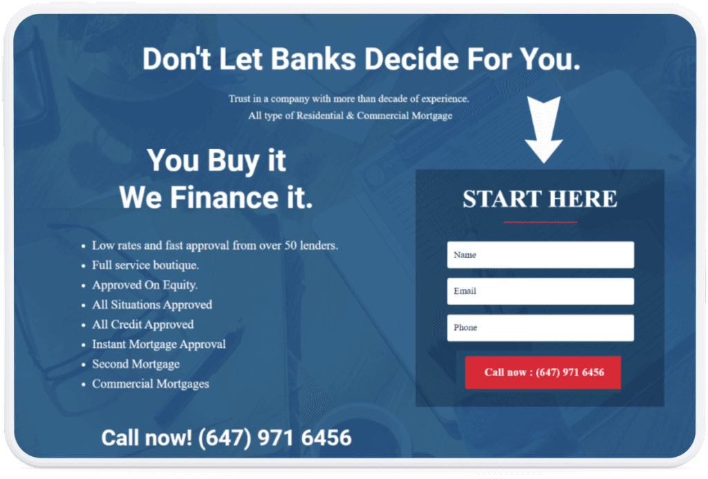 Best GTA Rates mortgage landing page hero with a start here form