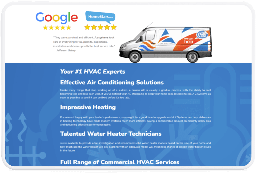 AZ Systems HVAC landing page reviews and services section on a tablet