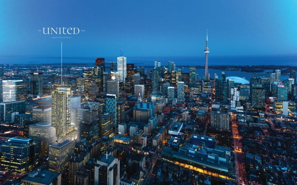 United Condos rendering over the Toronto skyline at night