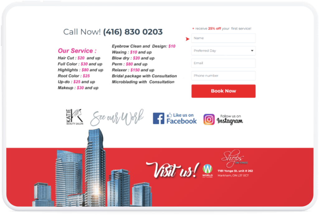 Katie Beauty Salon landing page booking section on a tablet