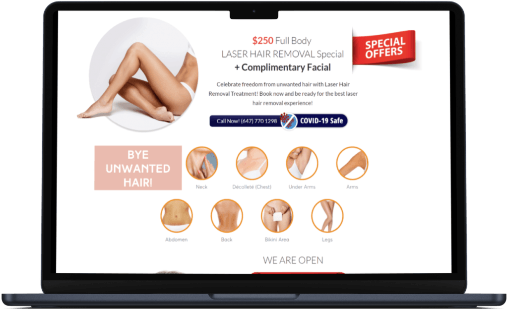 Tiffany Clinic full body laser hair removal offer section on a laptop