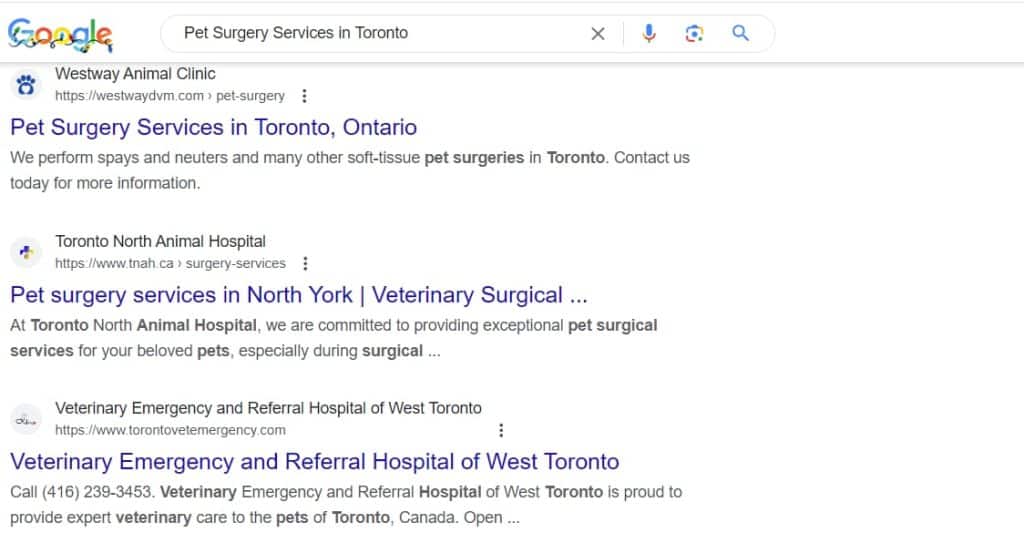 Google search listing for Toronto North Animal Hospital pet surgery services