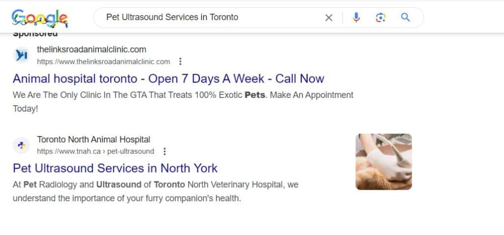 Google search listing for Toronto North Animal Hospital pet ultrasound in North York