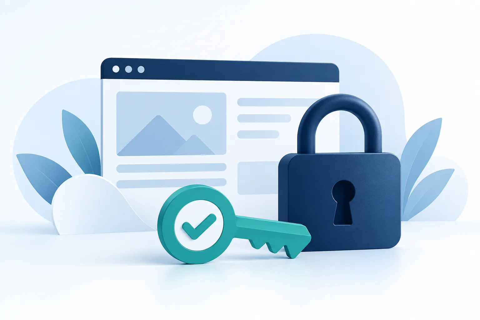 Original illustration of a browser window, padlock and key representing authorised website account recovery
