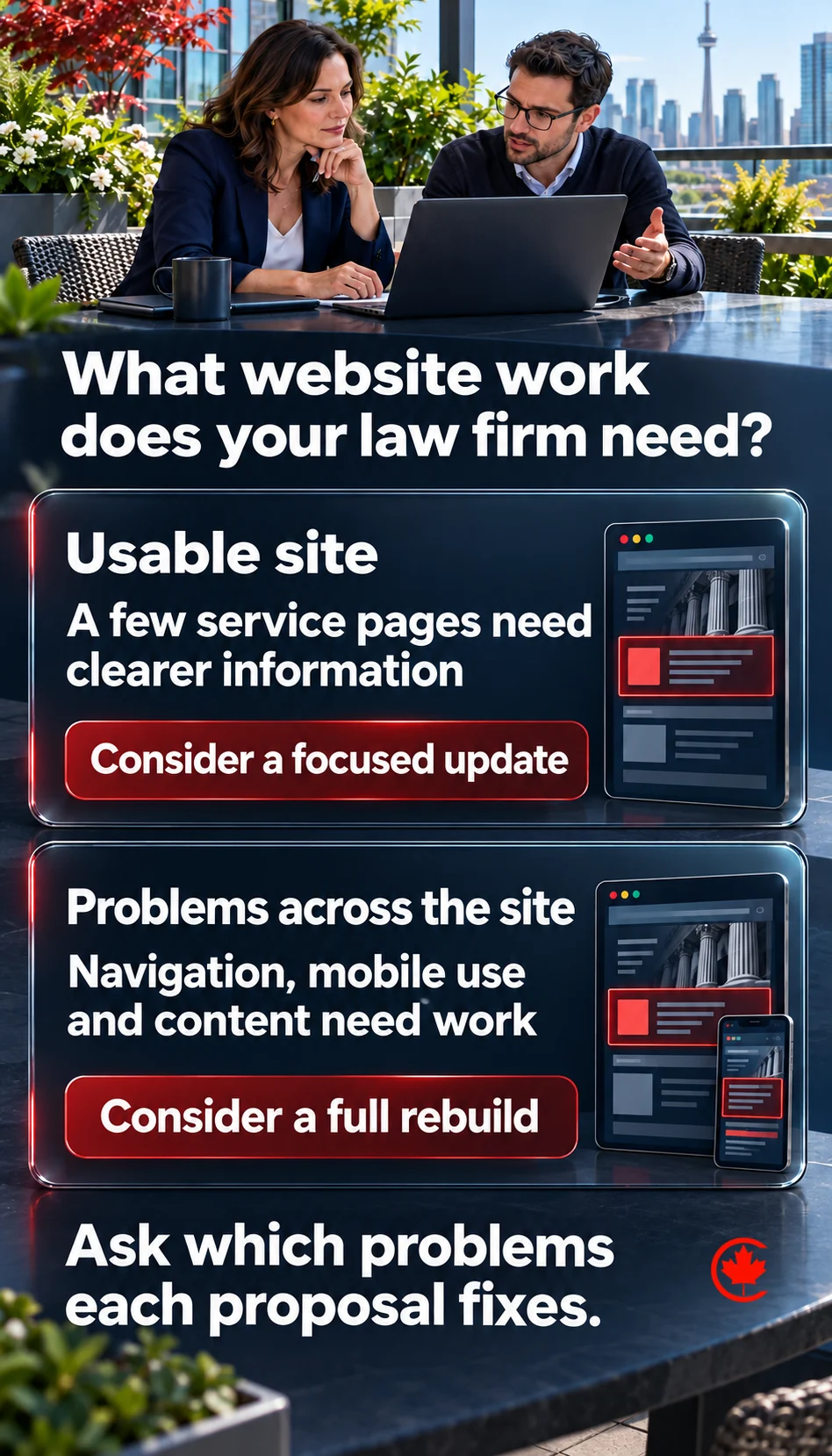 A law-firm website scope comparison: consider a focused update for an otherwise usable site with a few unclear service pages, or a full rebuild when navigation, mobile use and content need work across the site.