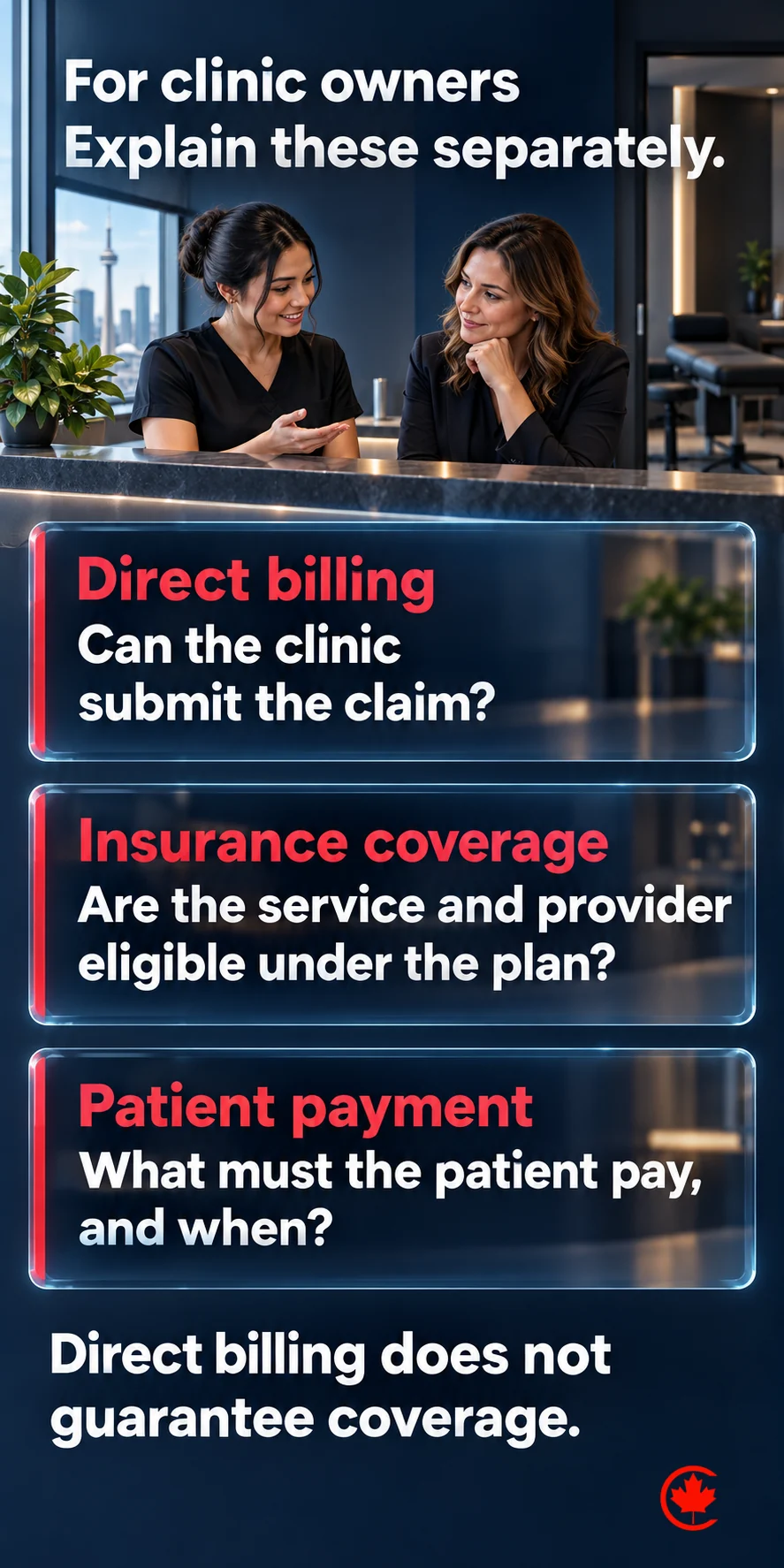 Three clinic-owner questions distinguish direct billing, insurance coverage and patient payment: can the clinic submit the claim, are the service and provider eligible under the plan, and what must the patient pay and when? Direct billing does not guarantee coverage.