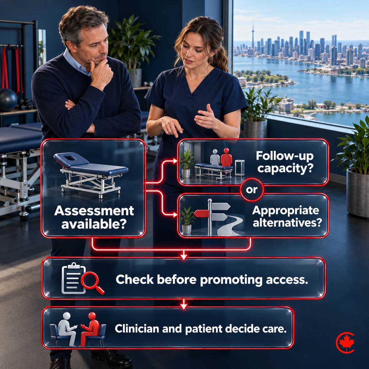 An assessment-availability question leads to checks for follow-up capacity or appropriate alternatives before promotion; the clinician and patient decide care, without a promised fixed course.