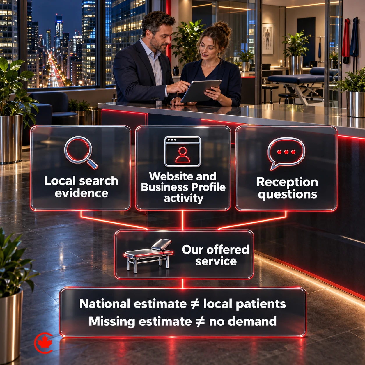 Local search evidence, website and Business Profile signals, and reception questions connect to the offered service; national estimates are not local patient counts, and missing estimates do not mean no demand.