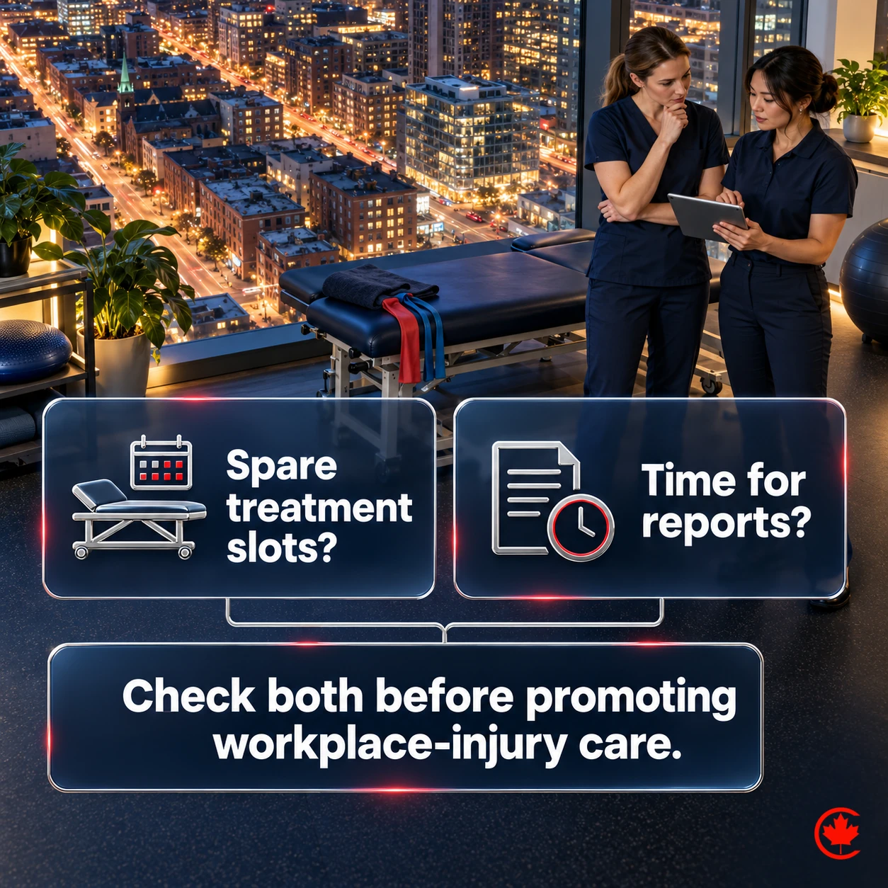 Two clinic-readiness questions ask about spare treatment slots and time for reports before promoting workplace-injury care.