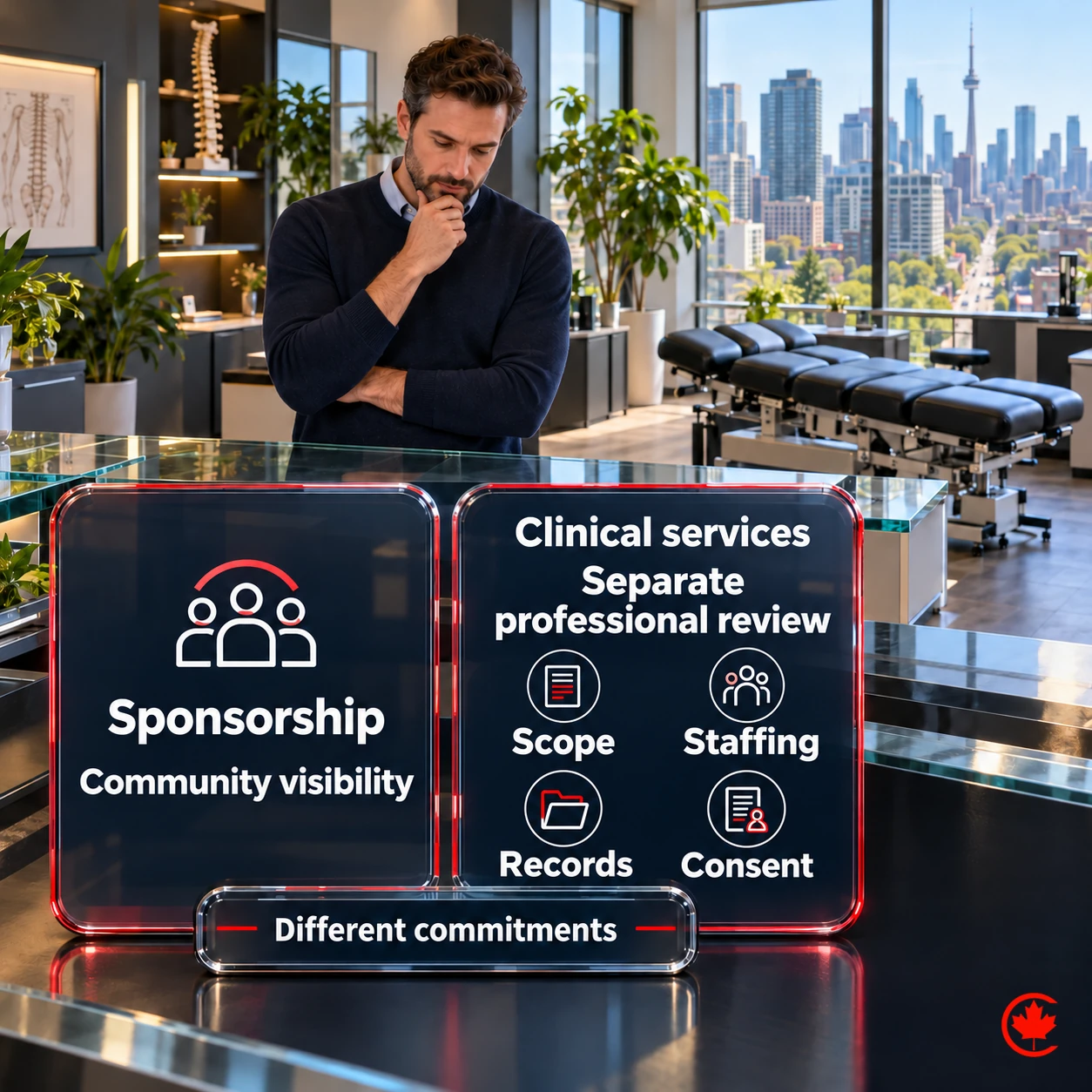 Two clinic-owner options distinguish community sponsorship from clinical services, which need a separate professional review of scope, staffing, records and consent.