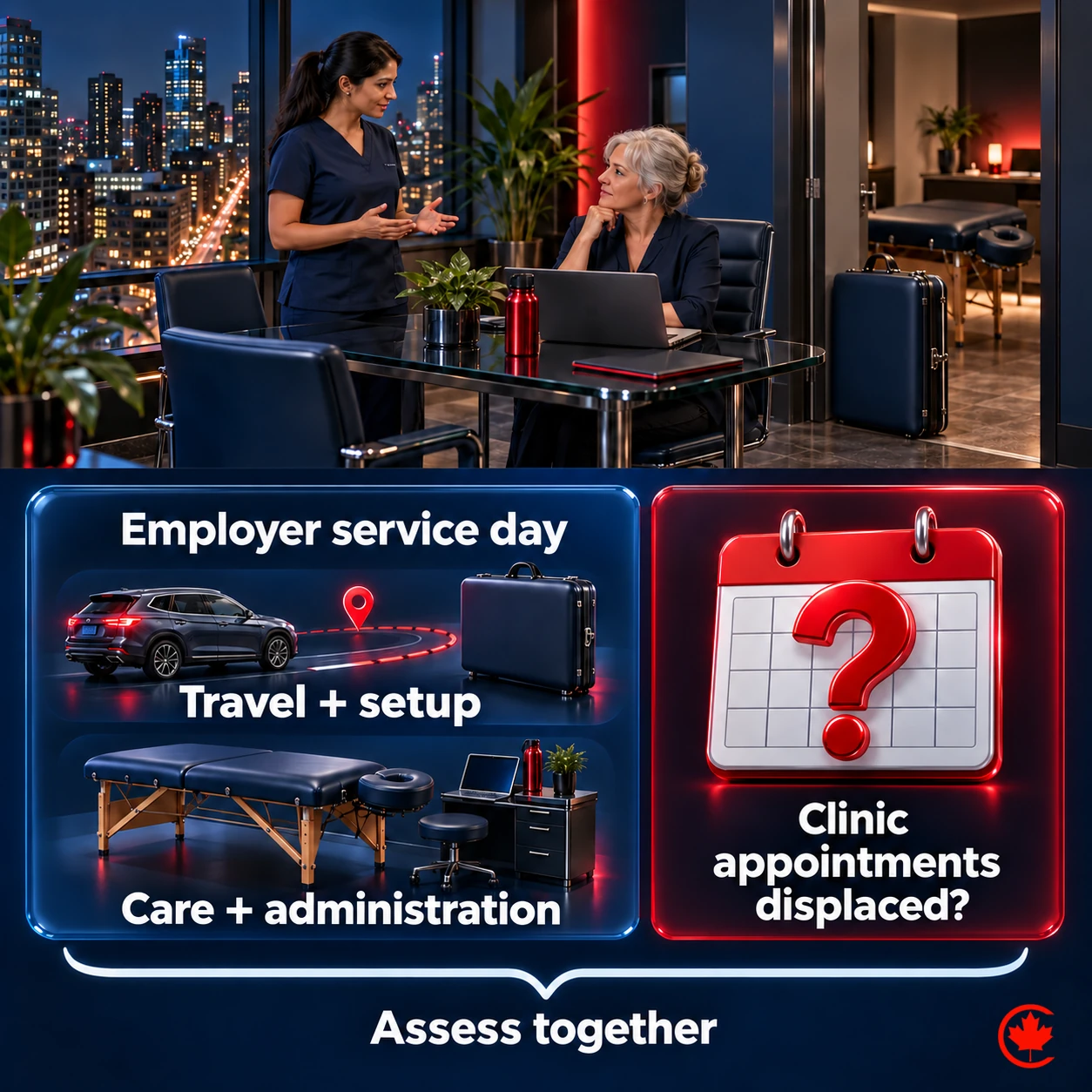 An employer service-day planning map groups travel and setup, care and administration, and a question about clinic appointments displaced, with an instruction to assess them together.