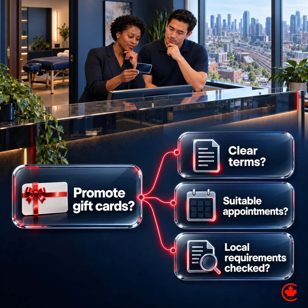 A gift-card promotion decision is linked to three clinic checks: clear terms, suitable appointments and local requirements. Each is shown as a question to resolve before promotion.