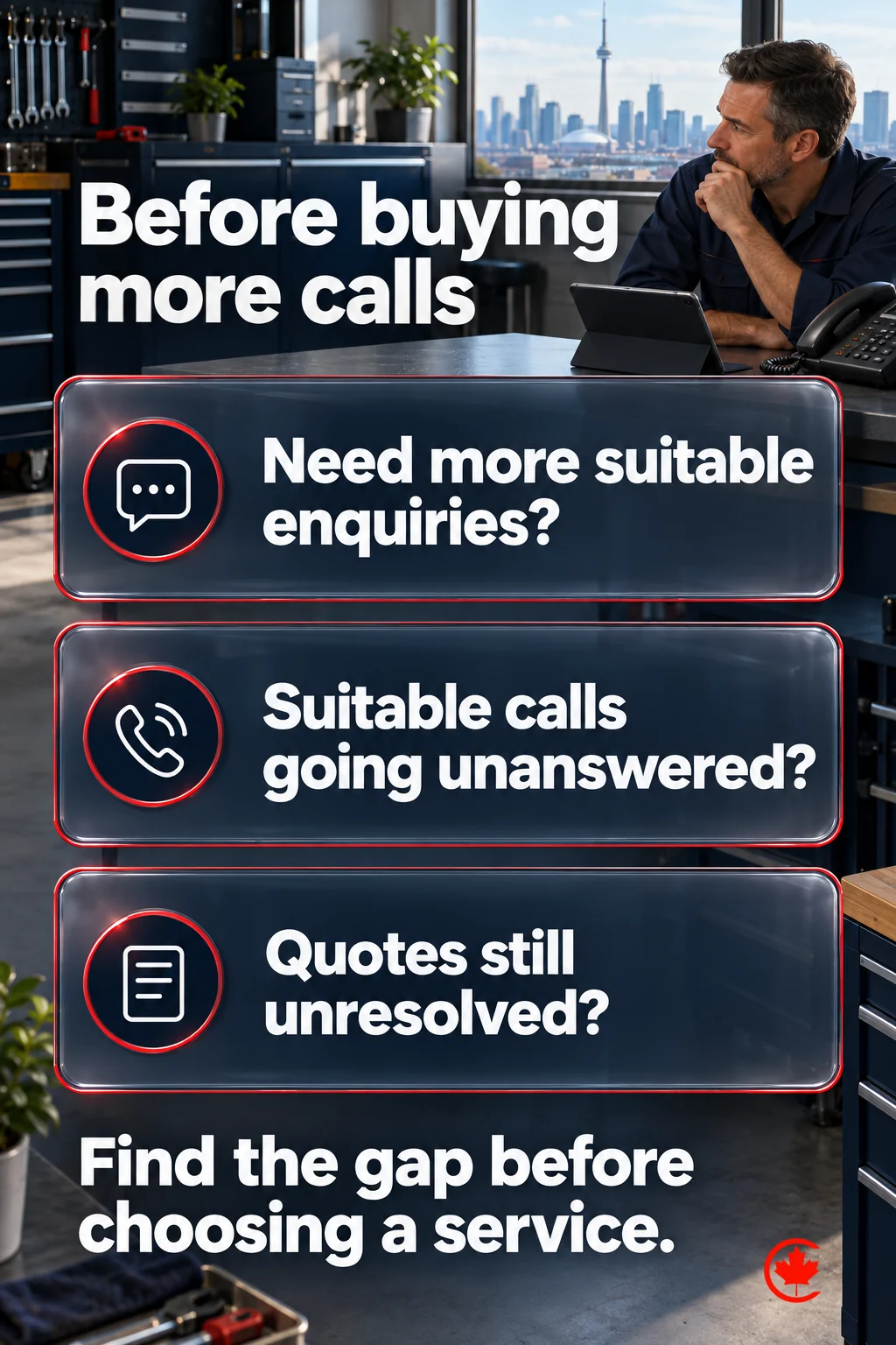 A home-service business owner checks whether the problem is too few suitable enquiries, unanswered suitable calls or unresolved quotes before choosing marketing support.