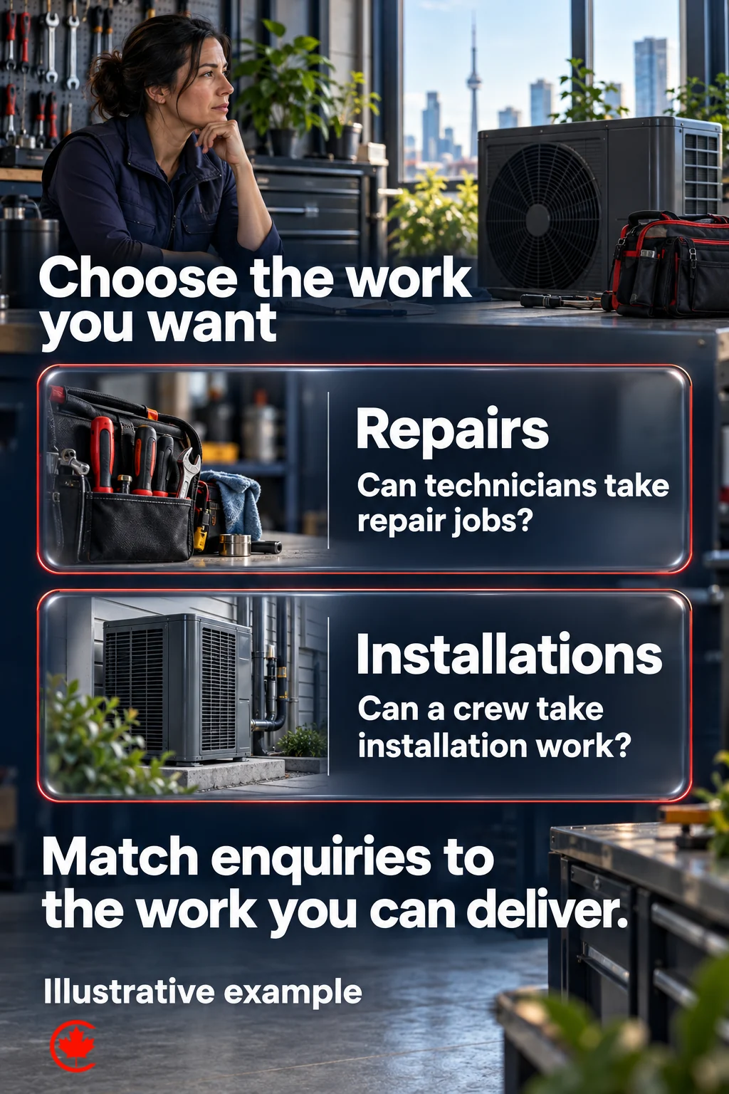 An HVAC business owner compares repair and installation enquiries against the type of work the available technicians or crew can deliver.