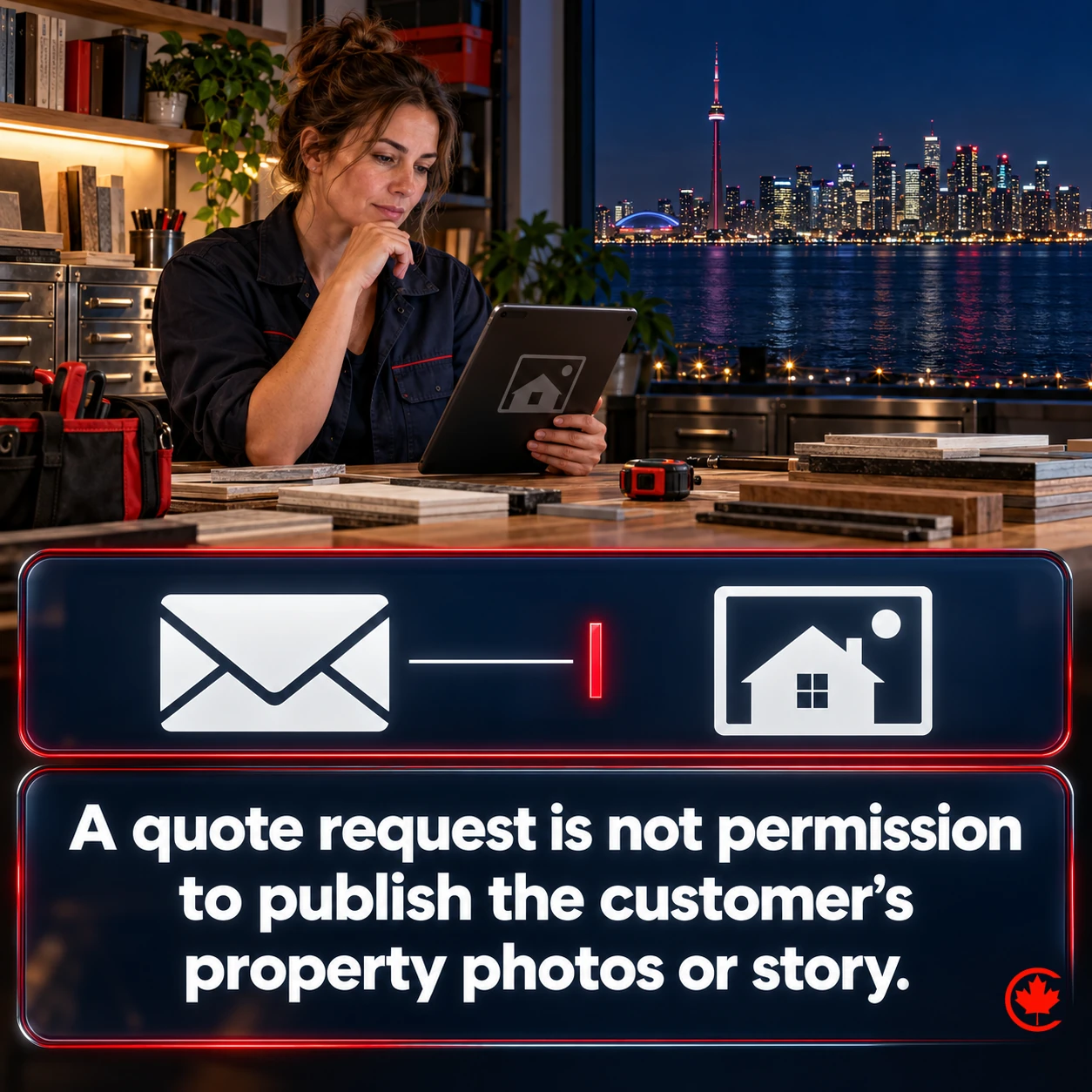 An envelope and a property-photo symbol are separated by a stopped connector. The text explains that a quote request is not permission to publish the customer’s property photos or story.