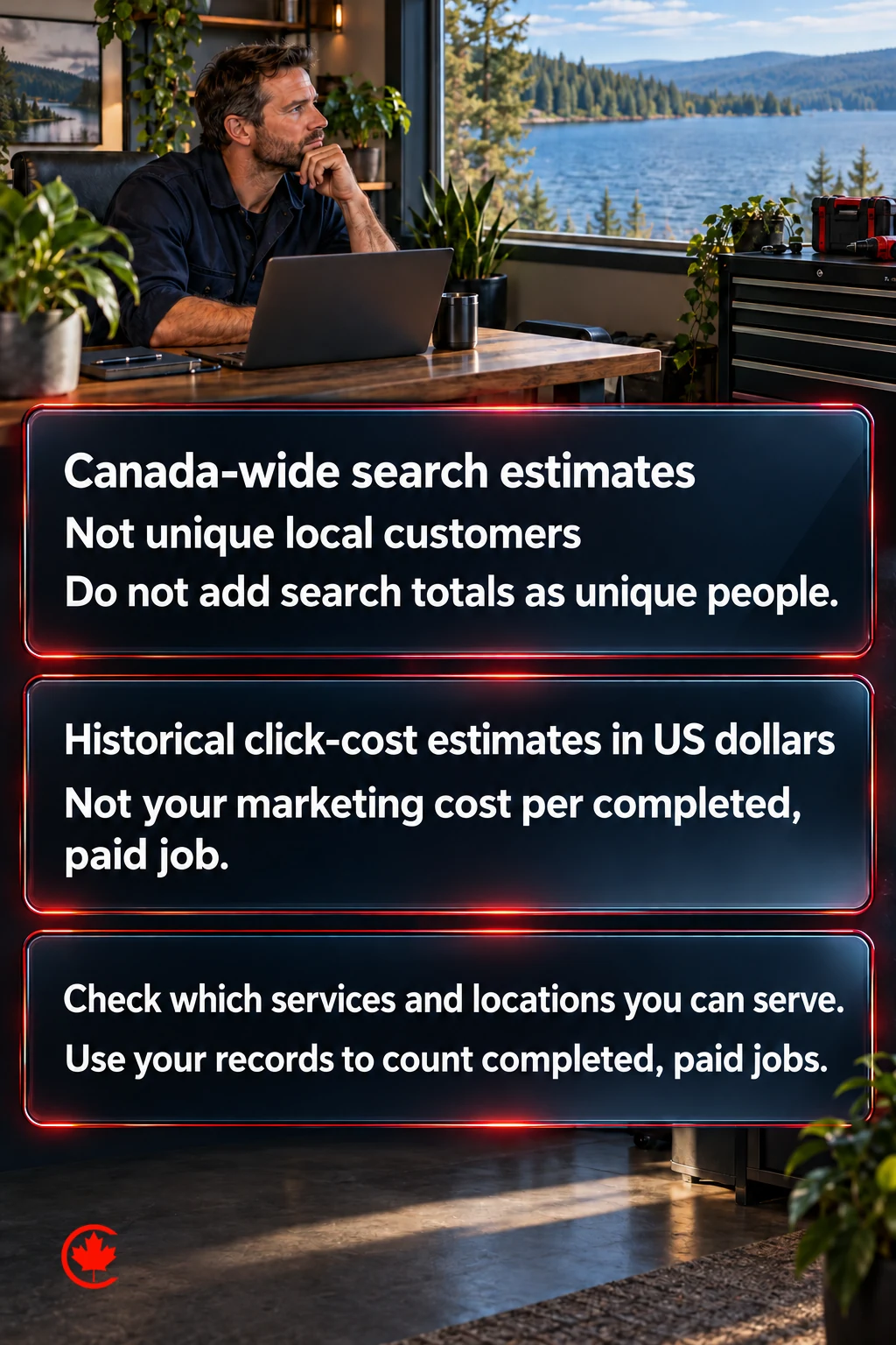 Panels separate Canada-wide search estimates from unique local customers and historical US-dollar click costs from your marketing cost per completed, paid job. Check service and location fit, and use business records to count completed, paid work.