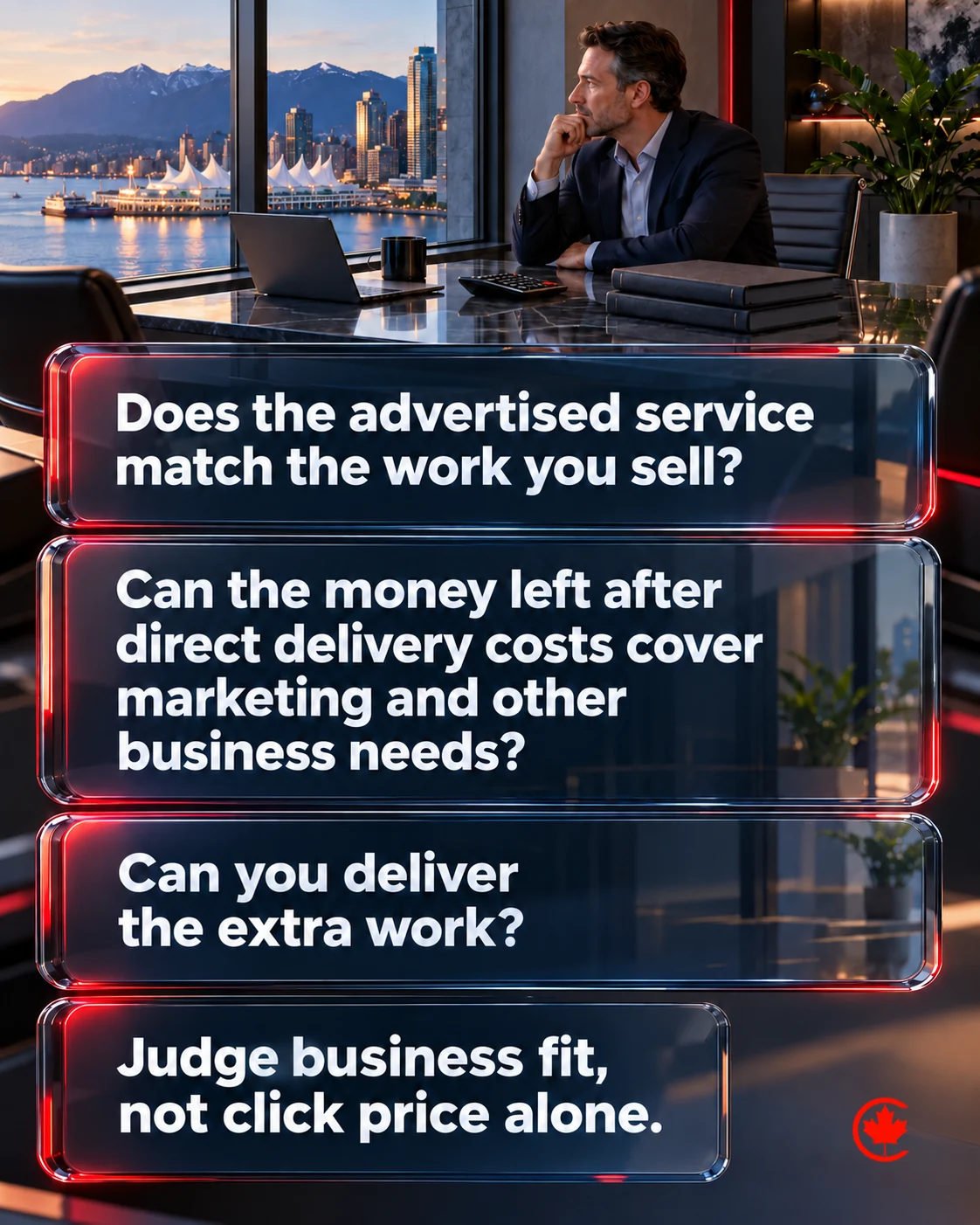 An owner at a desk reviews service fit, money left after direct delivery costs and capacity to deliver. Judge business fit, not click price alone.