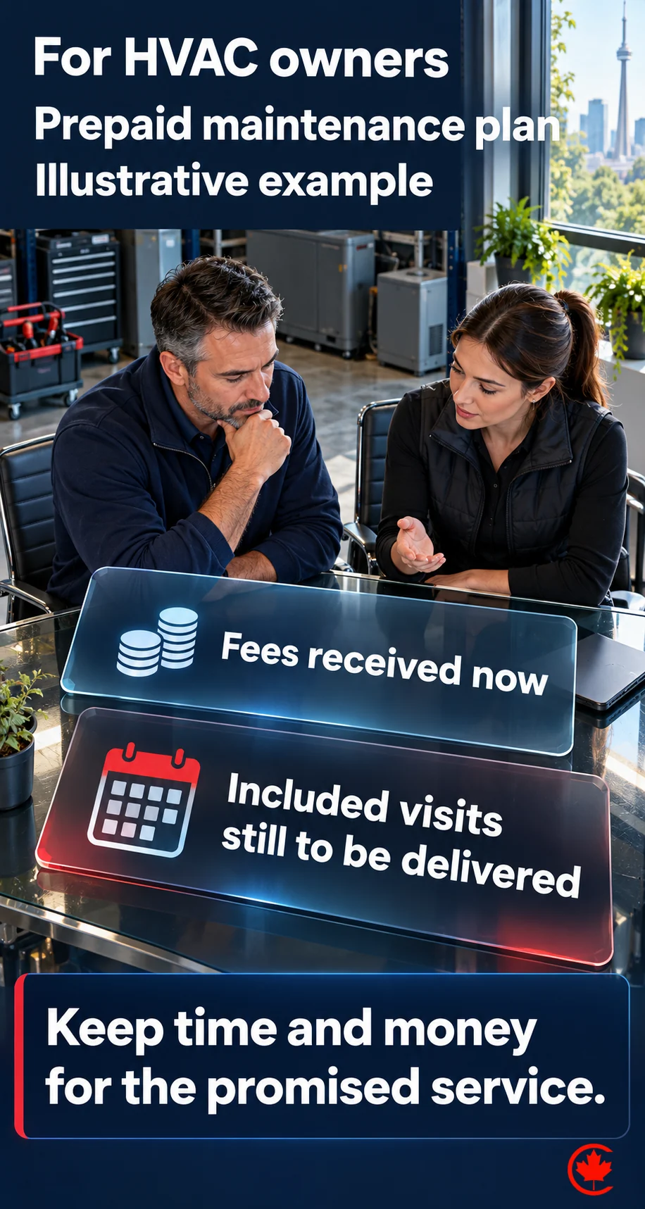 An illustrative prepaid HVAC maintenance plan contrasts fees received now with included visits still to be delivered. It reminds the owner to keep time and money for the promised service.