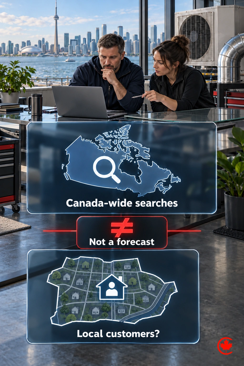 An HVAC owner compares Canada-wide search activity with a local service area. A not-equal symbol shows that national searches do not establish a local customer forecast.