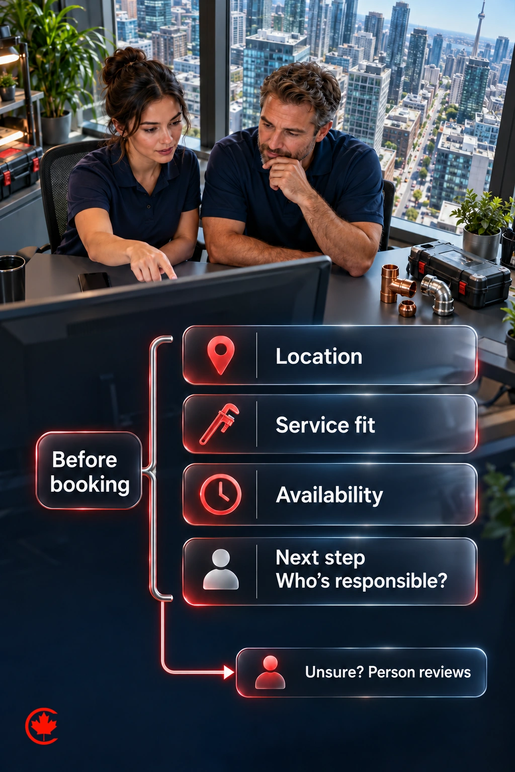 A plumbing booking checklist groups location, service fit and availability with the next step and responsible person, while uncertain requests go to a person for review.