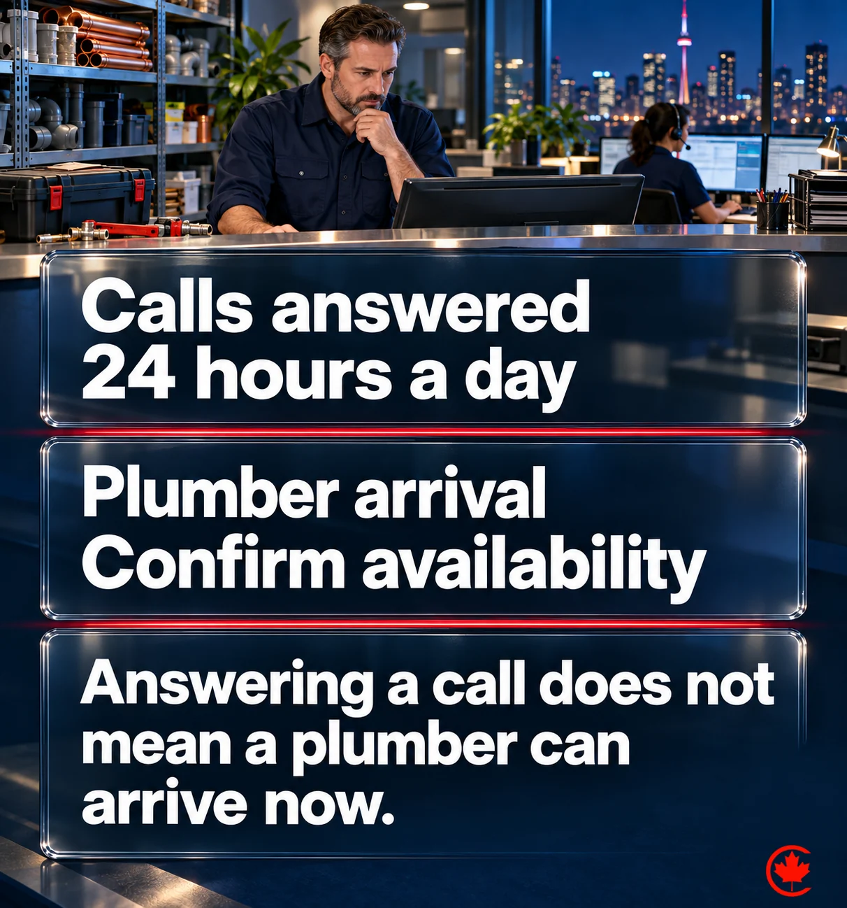 Illustration of a plumbing-business owner comparing calls answered 24 hours a day with plumber availability, showing that an answered call does not confirm immediate arrival.