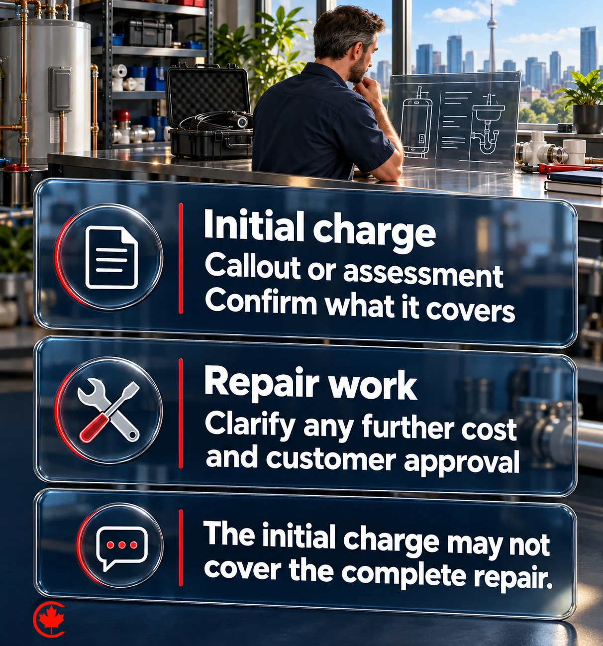 Illustration of a plumbing-business owner separating a callout or assessment charge from repair work, with reminders to clarify any further cost and customer approval.