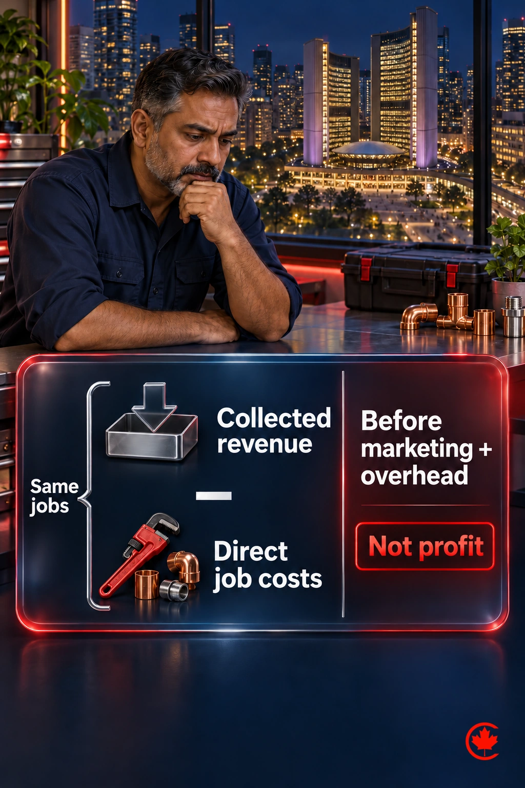 Collected plumbing revenue and direct job costs are matched to the same jobs. Their difference is before marketing and overhead and is not profit.