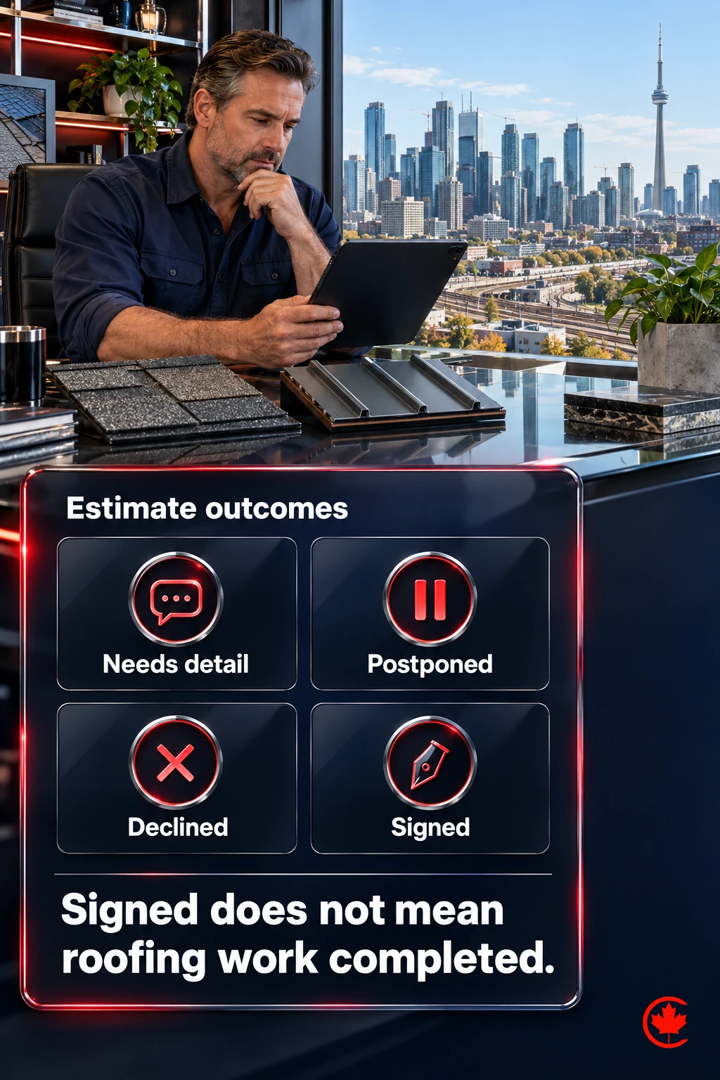 Four distinct roofing-estimate outcomes: needs detail, postponed, declined and signed. Signing does not mean the roofing work is completed.