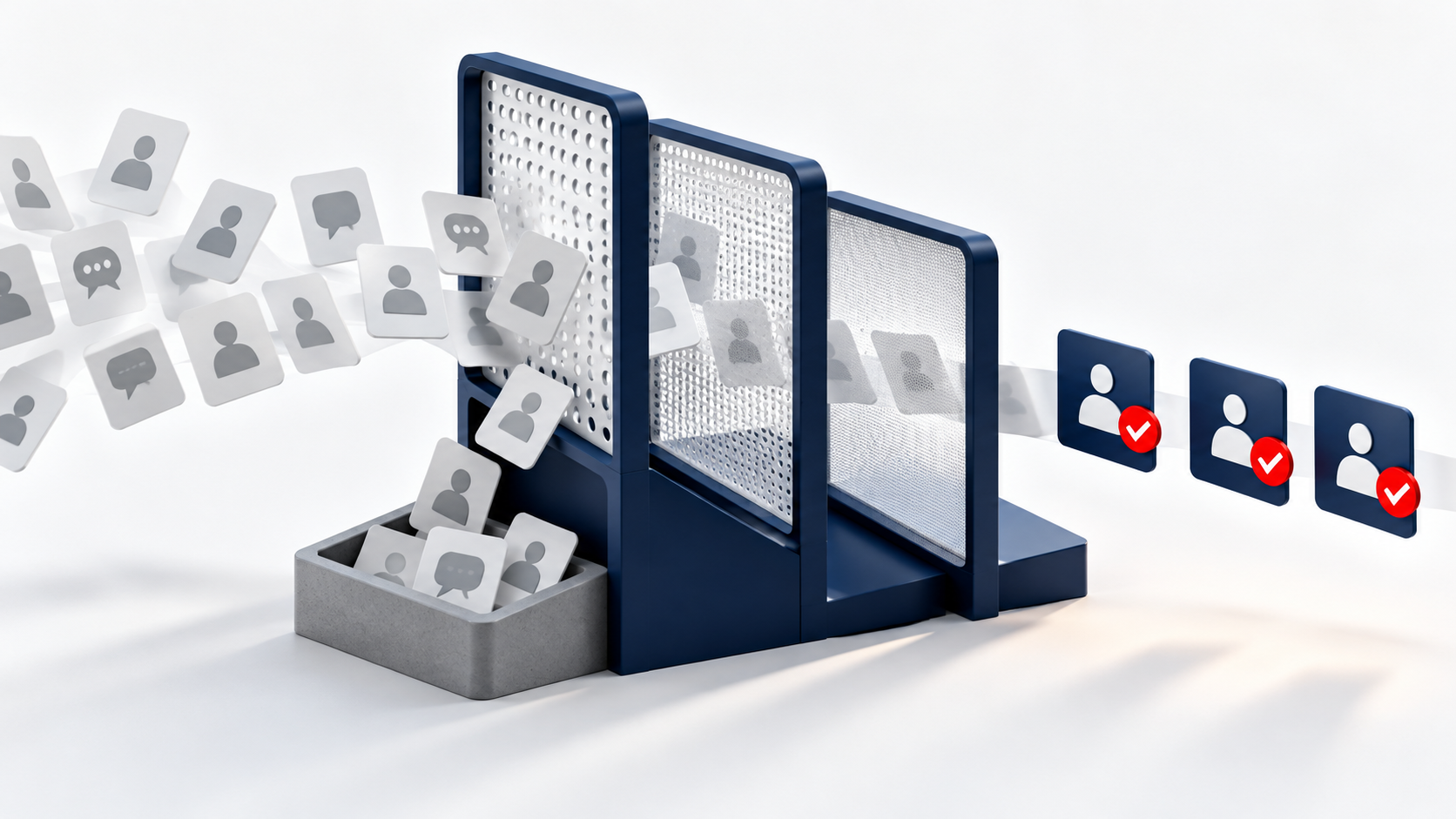 Enquiry cards pass through three navy screening panels, with unsuitable cards diverted and three checked lead cards emerging.