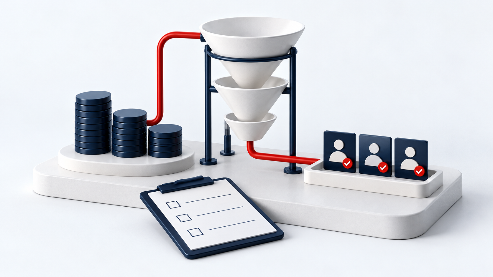 Plain navy cost tokens connect through a three-tier funnel to checked lead cards, with an audit checklist in the foreground.
