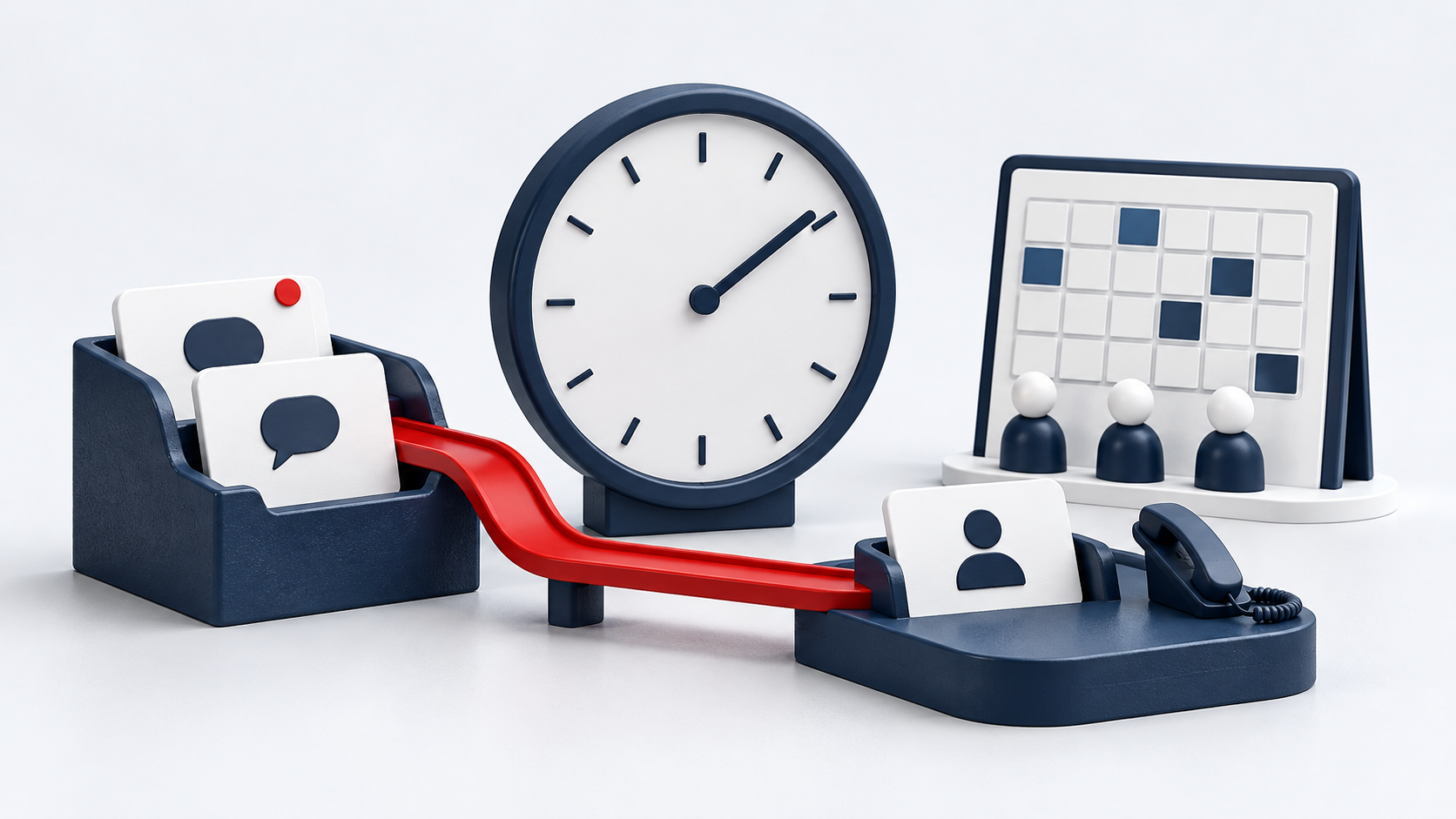 Enquiry cards follow a red handoff rail past a clock to a phone response station, beside a staff-coverage calendar.