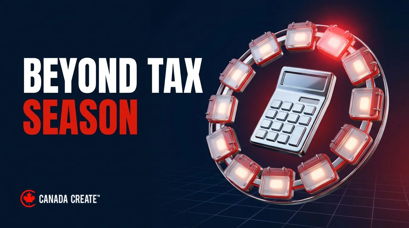 Beyond tax season: a chrome calculator inside a ring of twelve glass calendar tiles, one glowing red